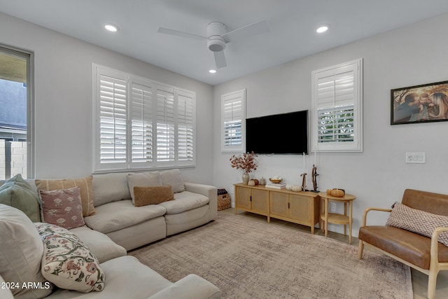 living room with a wealth of natural light and ceiling fan