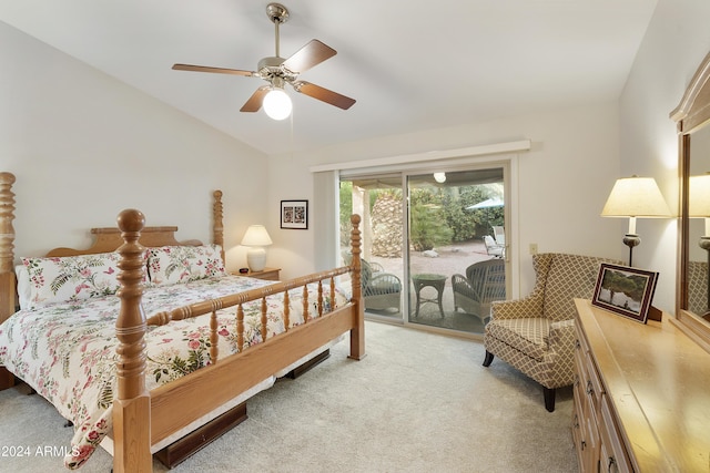 bedroom featuring access to outside, ceiling fan, and light carpet