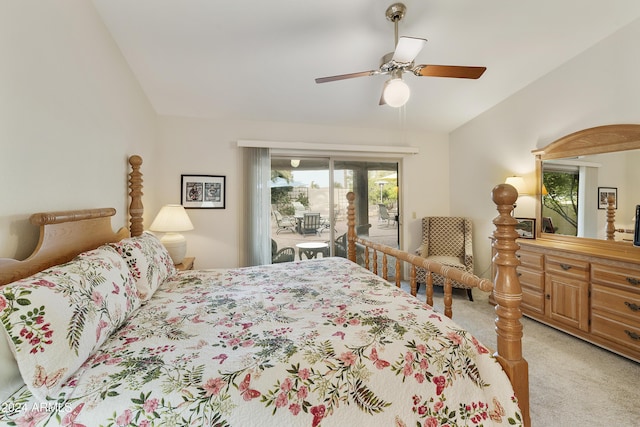 carpeted bedroom featuring access to outside and ceiling fan