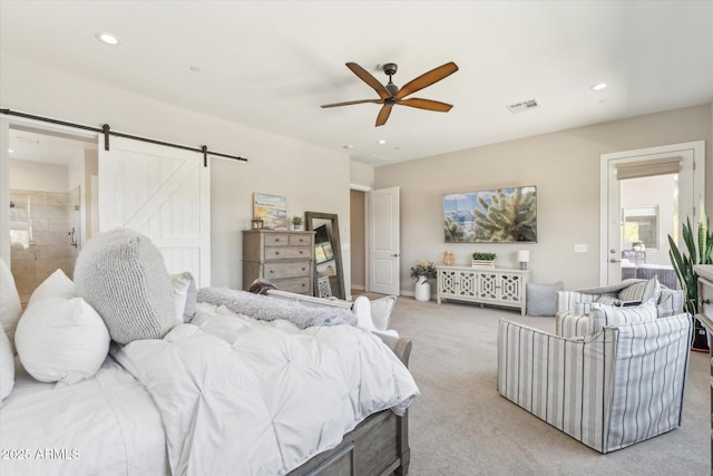 8396 E Granite Pass Rd, Scottsdale, AZ 85266 - bedroom featuring a barn door, light carpet, recessed lighting, and ceiling fan