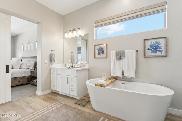 8396 E Granite Pass Rd, Scottsdale, AZ 85266 - ensuite bathroom featuring vanity, a freestanding bath, wood finished floors, and baseboards