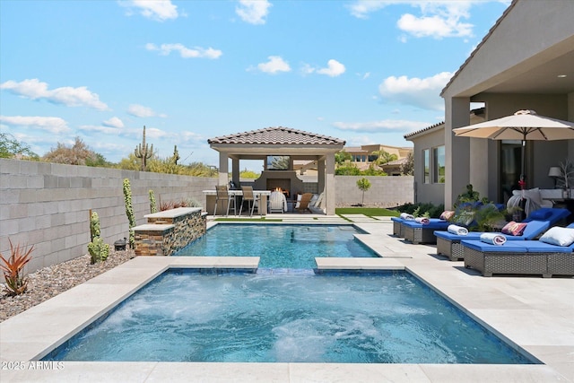 8396 E Granite Pass Rd, Scottsdale, AZ 85266 - view of pool featuring an outdoor living space with a fireplace, a fenced backyard, a gazebo, a patio area, and a pool with connected hot tub