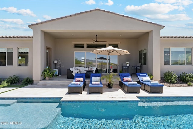 8396 E Granite Pass Rd, Scottsdale, AZ 85266 - swimming pool with an outdoor hangout area, a ceiling fan, and a patio