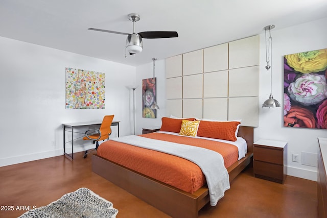 bedroom featuring baseboards, concrete floors, and ceiling fan