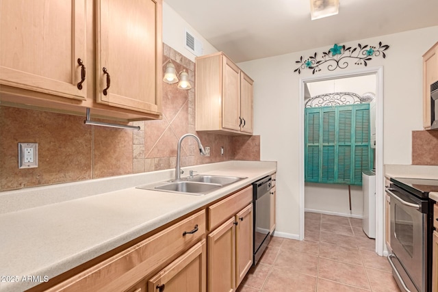 kitchen featuring black dishwasher, sink, backsplash, stainless steel range with electric stovetop, and light brown cabinets