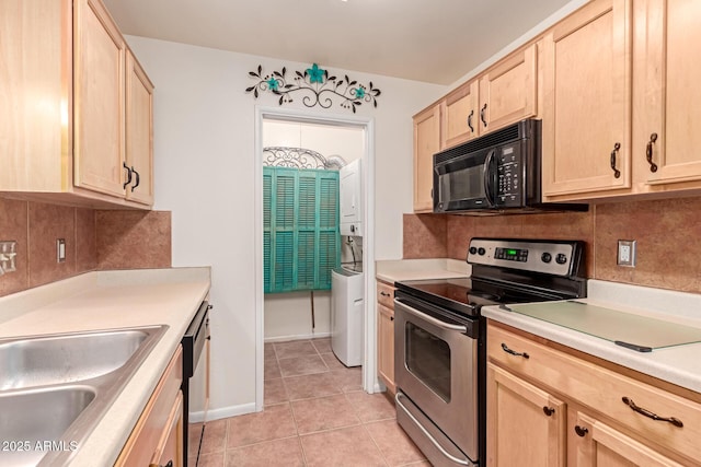 kitchen featuring sink, appliances with stainless steel finishes, light tile patterned flooring, decorative backsplash, and light brown cabinets