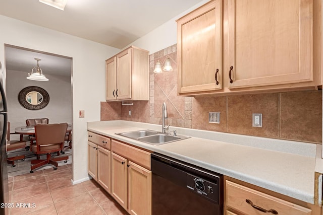 kitchen with light brown cabinetry, decorative light fixtures, dishwasher, sink, and backsplash