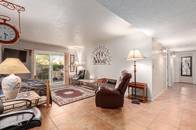 tiled living room with a textured ceiling