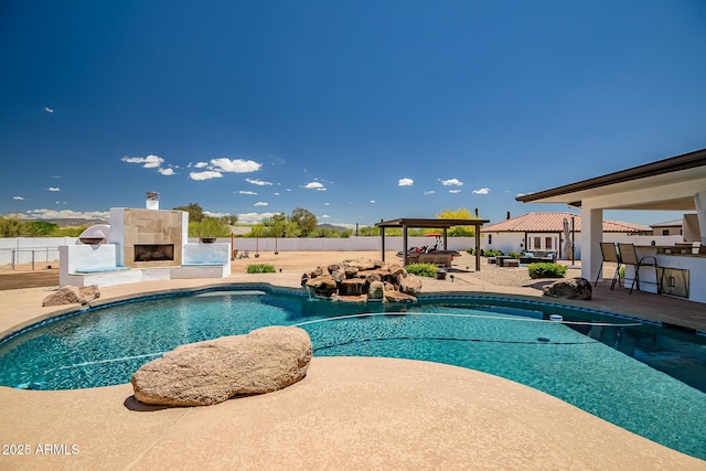 35005 N Central Ave, Phoenix, AZ 85086 - view of pool with a gazebo, an outdoor fireplace, a patio area, and fence