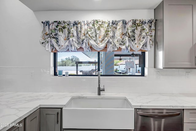 35005 N Central Ave, Phoenix, AZ 85086 - kitchen view of dishwasher, gray cabinets, a sink, backsplash, and light stone counters