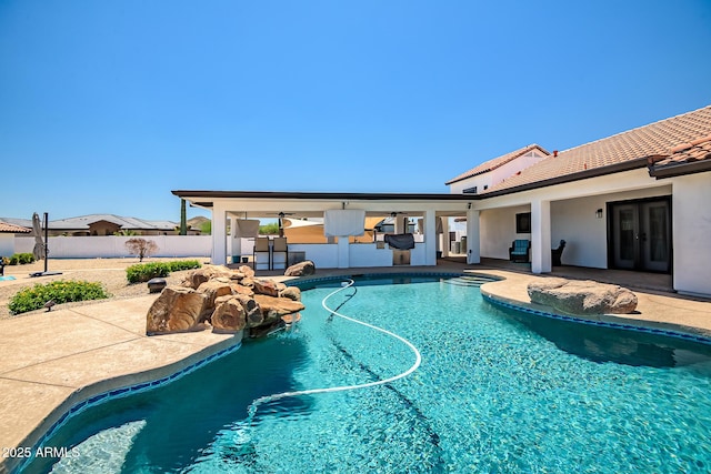 35005 N Central Ave, Phoenix, AZ 85086 - view of swimming pool with french doors, fence, a patio area, and ceiling fan
