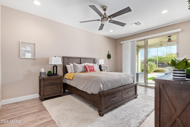 bedroom with ceiling fan, access to outside, and light hardwood / wood-style flooring