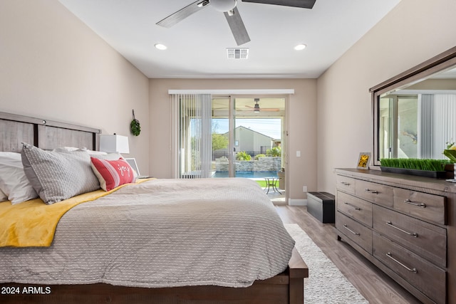 bedroom with ceiling fan, light hardwood / wood-style floors, and access to exterior