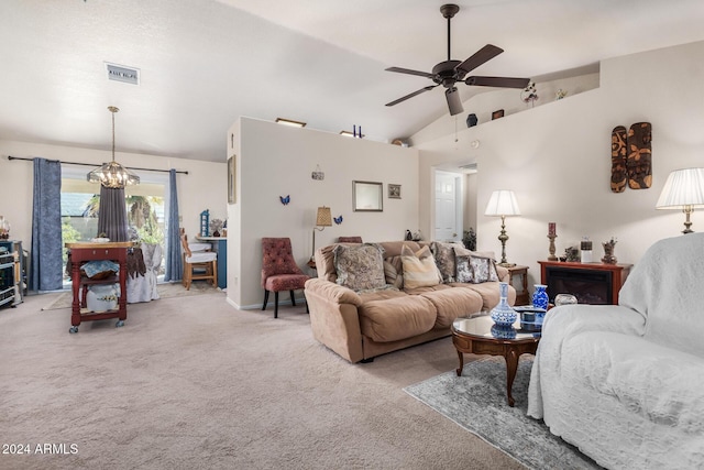 living room with ceiling fan with notable chandelier, light colored carpet, and high vaulted ceiling