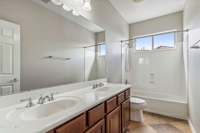 full bath featuring toilet, a sink, shower / bathtub combination, and double vanity