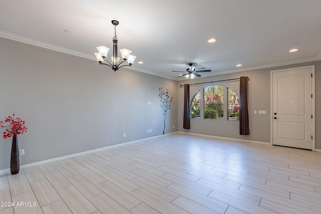 spare room with crown molding, light hardwood / wood-style flooring, and ceiling fan with notable chandelier