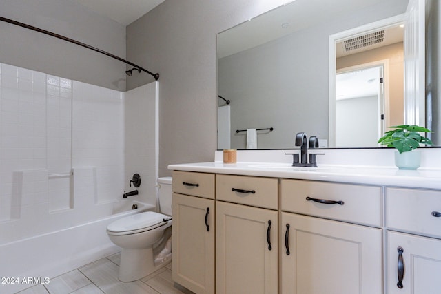 full bathroom with vanity, toilet, bathtub / shower combination, and tile patterned floors