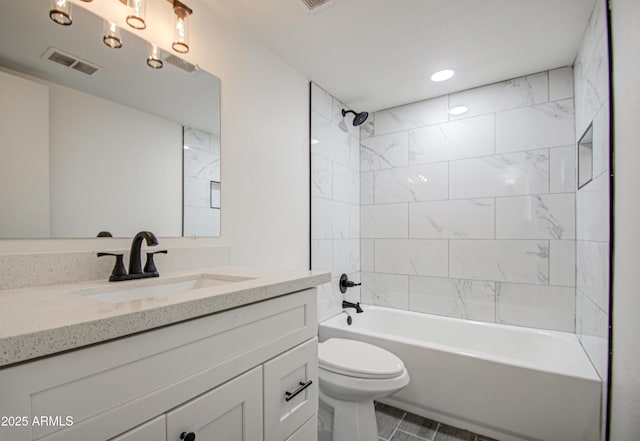 bathroom with recessed lighting, visible vents, toilet, vanity, and shower / tub combination