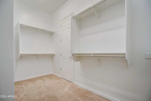 walk in closet with light colored carpet