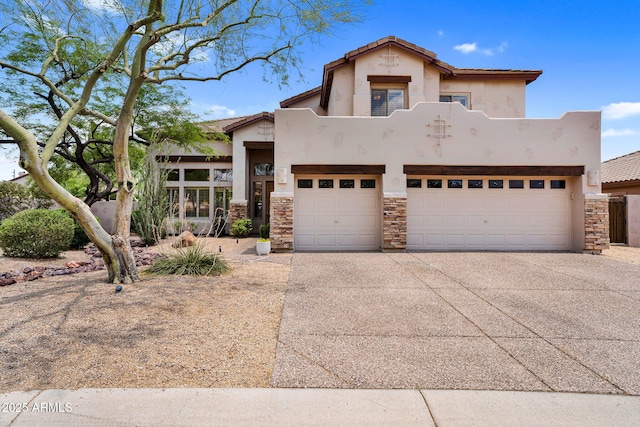 1365 N Drexel St, Mesa, AZ 85207 - view of front of home with a garage, concrete driveway, stucco siding, and stone siding