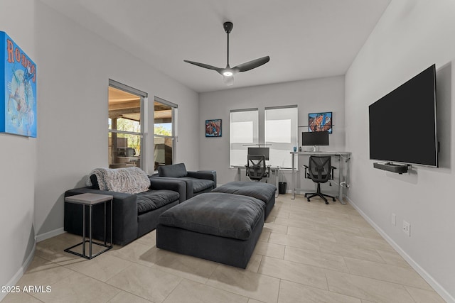 3326 Josey Wales Way, Wickenburg, AZ 85390 - living area featuring a ceiling fan, baseboards, and light tile patterned floors