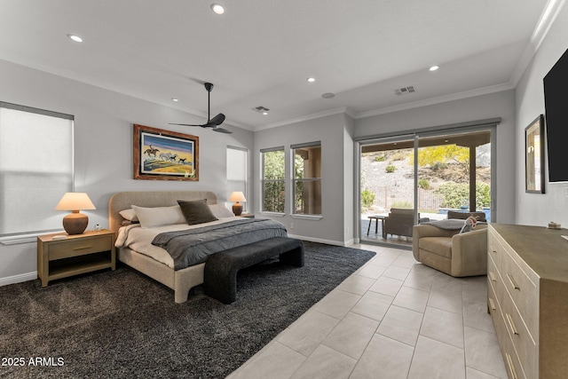 3326 Josey Wales Way, Wickenburg, AZ 85390 - bedroom featuring access to exterior, recessed lighting, ornamental molding, baseboards, and light tile patterned flooring