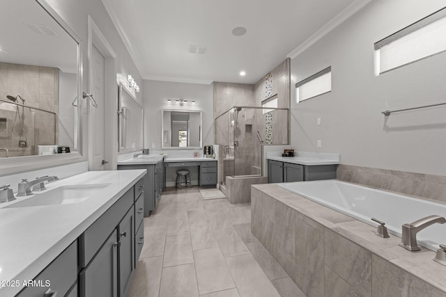 3326 Josey Wales Way, Wickenburg, AZ 85390 - bathroom with a stall shower, a bath, two vanities, ornamental molding, and recessed lighting