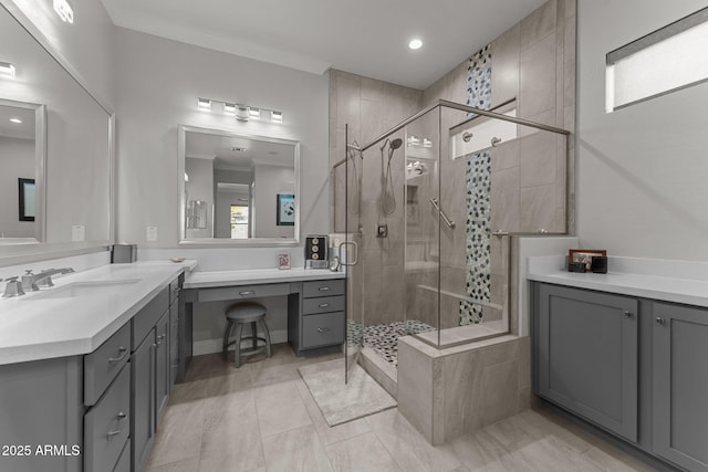 3326 Josey Wales Way, Wickenburg, AZ 85390 - bathroom with a stall shower, vanity, and recessed lighting