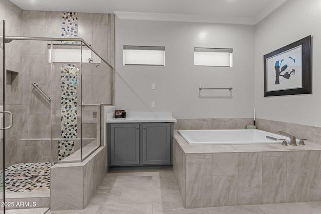 3326 Josey Wales Way, Wickenburg, AZ 85390 - full bathroom featuring a garden tub, a shower stall, ornamental molding, tile patterned flooring, and vanity