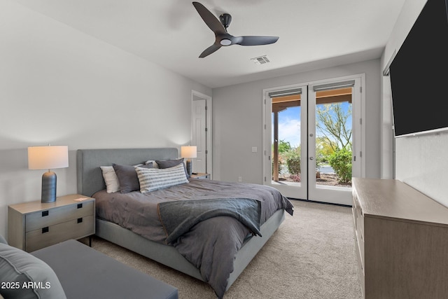 3326 Josey Wales Way, Wickenburg, AZ 85390 - bedroom featuring access to outside, light carpet, and ceiling fan