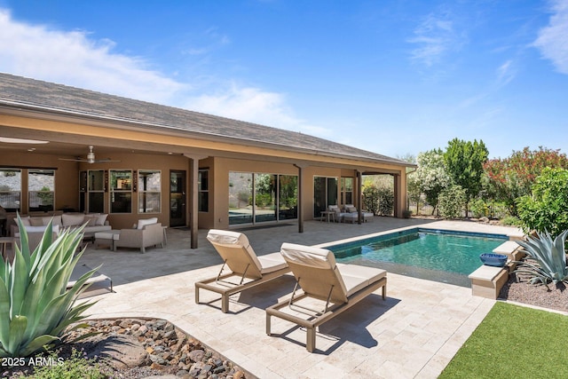 3326 Josey Wales Way, Wickenburg, AZ 85390 - outdoor pool featuring an outdoor living space, a ceiling fan, and a patio