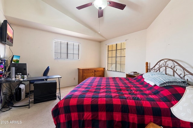 bedroom featuring vaulted ceiling and light carpet