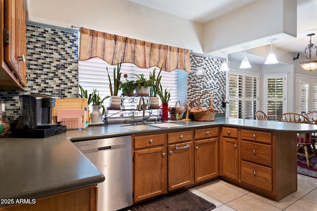 kitchen with pendant lighting, dishwasher, sink, decorative backsplash, and kitchen peninsula