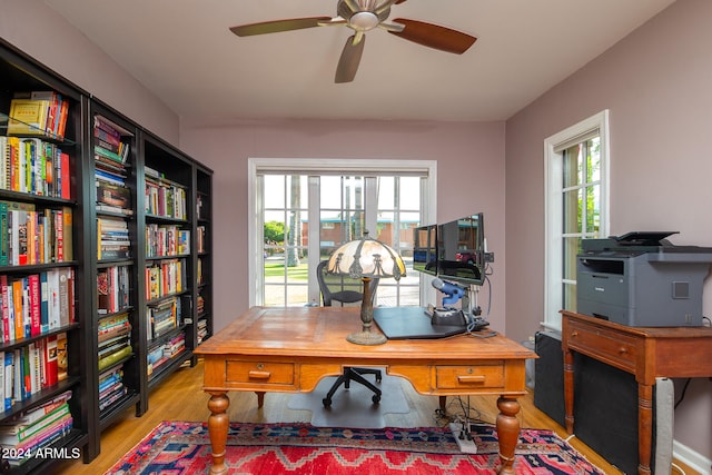 home office with ceiling fan, light hardwood / wood-style flooring, and plenty of natural light