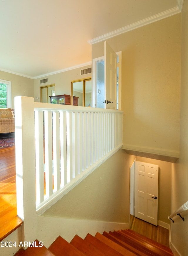 stairs featuring ornamental molding and hardwood / wood-style floors