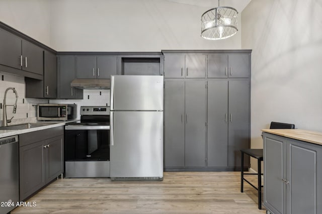 kitchen featuring appliances with stainless steel finishes, gray cabinetry, sink, decorative light fixtures, and a chandelier