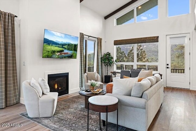 living room with wood-type flooring, beam ceiling, and high vaulted ceiling