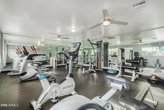 workout area with visible vents and ceiling fan