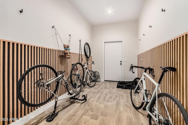 workout area featuring wood finished floors