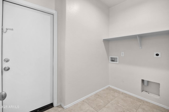 laundry room featuring light tile patterned floors, hookup for a washing machine, laundry area, baseboards, and electric dryer hookup