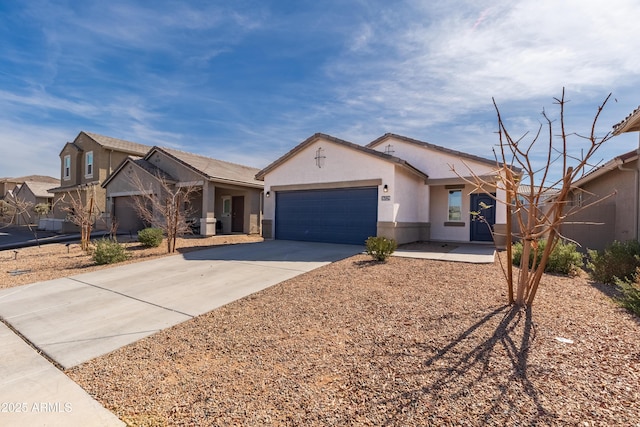 ranch-style house featuring concrete driveway, an attached garage, and stucco siding