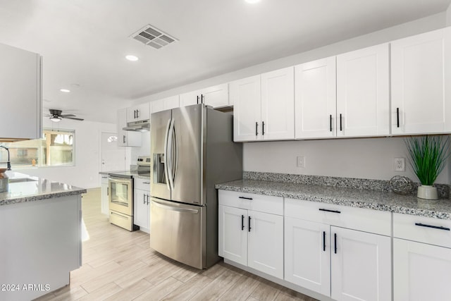 kitchen with white cabinetry, ceiling fan, light hardwood / wood-style flooring, and appliances with stainless steel finishes