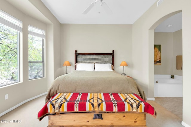 bedroom featuring carpet, visible vents, baseboards, and a ceiling fan