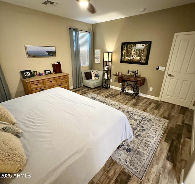 bedroom with visible vents, baseboards, and dark wood finished floors
