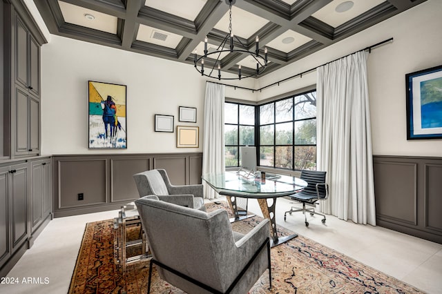 interior space with coffered ceiling, ornamental molding, a chandelier, and beam ceiling