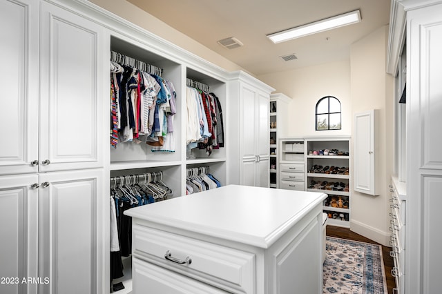 walk in closet featuring dark wood-type flooring