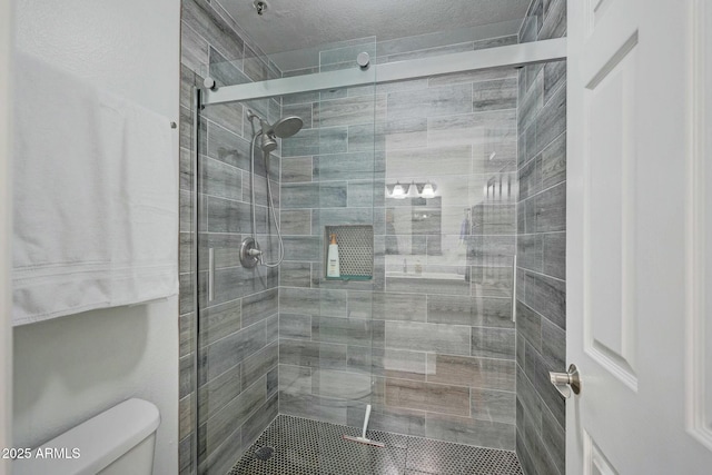 full bathroom featuring a shower stall and toilet