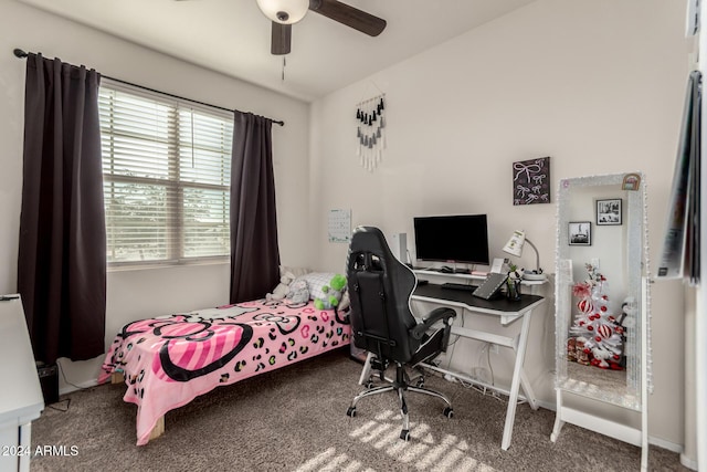 carpeted bedroom with ceiling fan