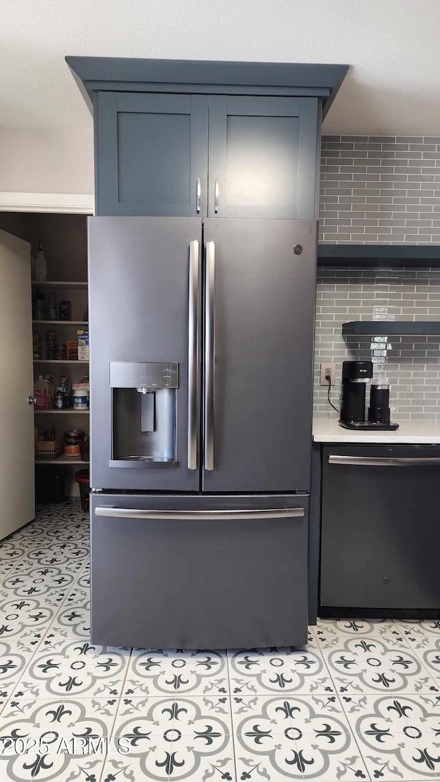 kitchen with stainless steel fridge with ice dispenser, dishwasher, and light tile patterned floors