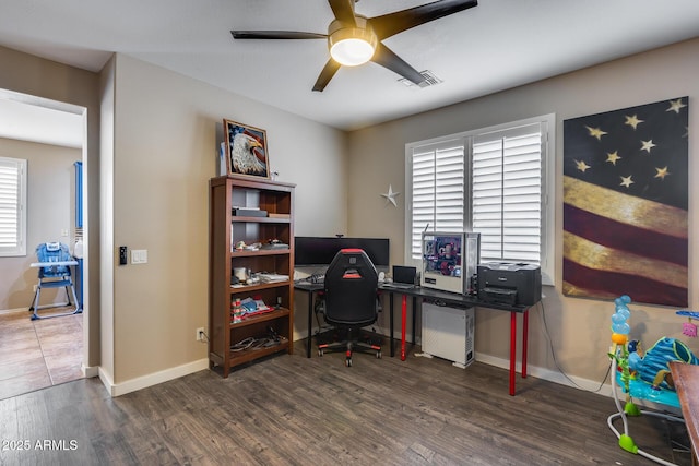 home office with ceiling fan, a healthy amount of sunlight, and dark hardwood / wood-style flooring